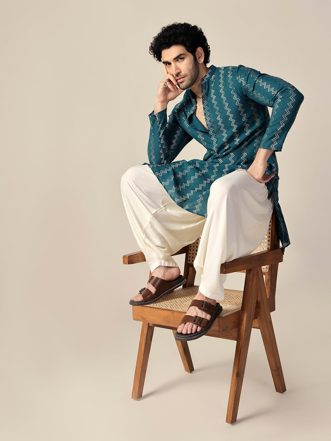 Teal Green Art Silk Geometric Long Kurta | SHOBITAM