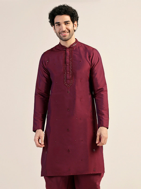 Maroon Embroidered Silk Blend Kurta | SHOBITAM