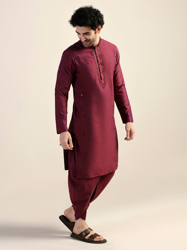 Maroon Embroidered Silk Blend Kurta | SHOBITAM