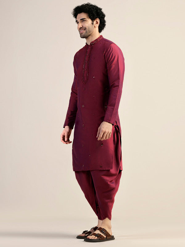 Maroon Embroidered Silk Blend Kurta | SHOBITAM