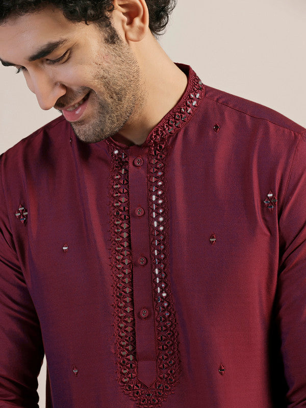 Maroon Embroidered Silk Blend Kurta | SHOBITAM