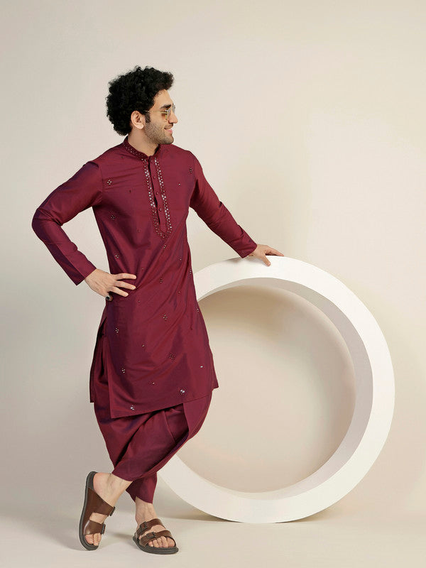 Maroon Embroidered Silk Blend Kurta | SHOBITAM