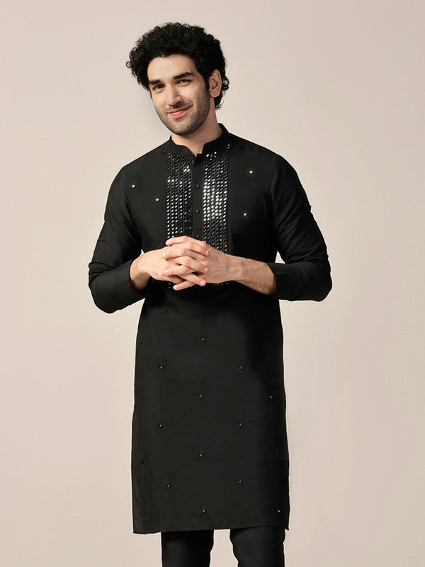 Black Silk Blend Mirror Work Kurta | SHOBITAM