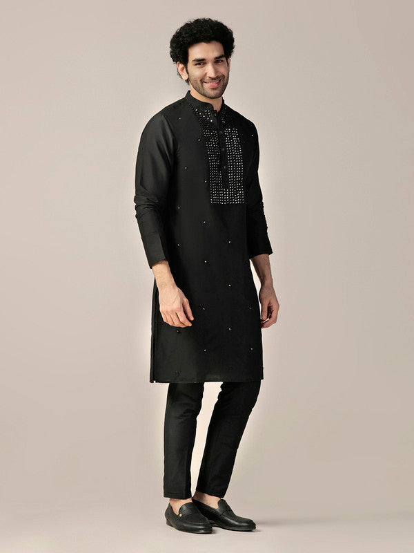 Black Silk Blend Mirror Work Kurta | SHOBITAM