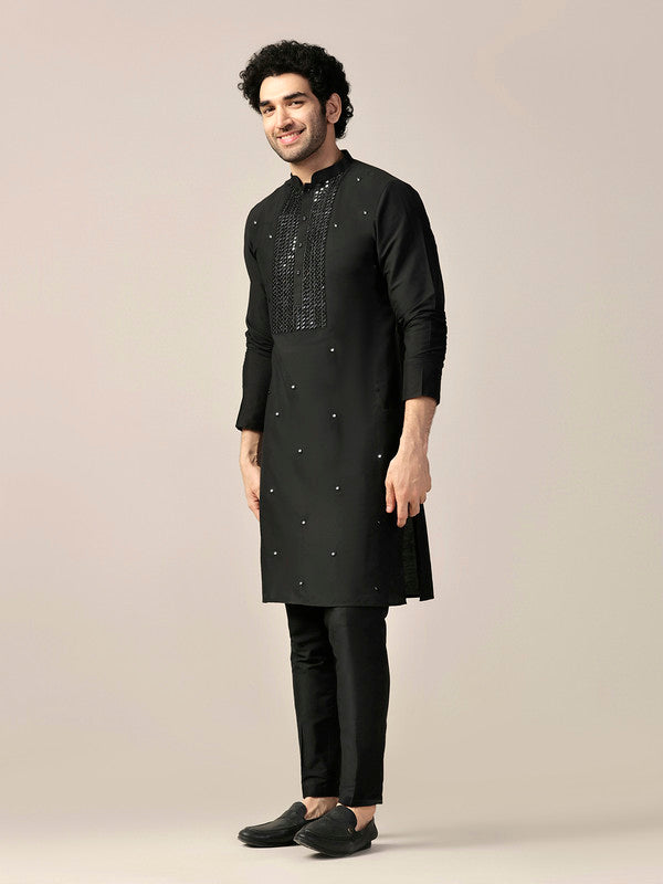Black Silk Blend Mirror Work Kurta | SHOBITAM
