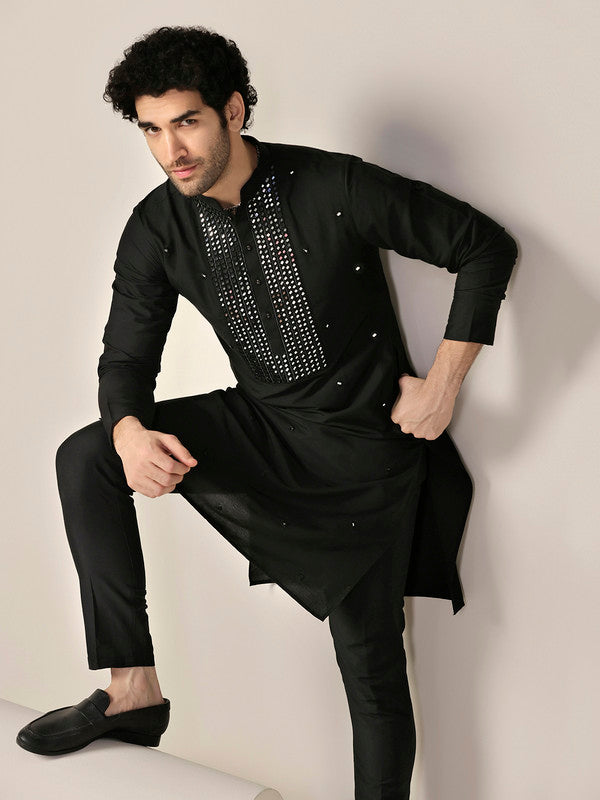 Black Silk Blend Mirror Work Kurta | SHOBITAM