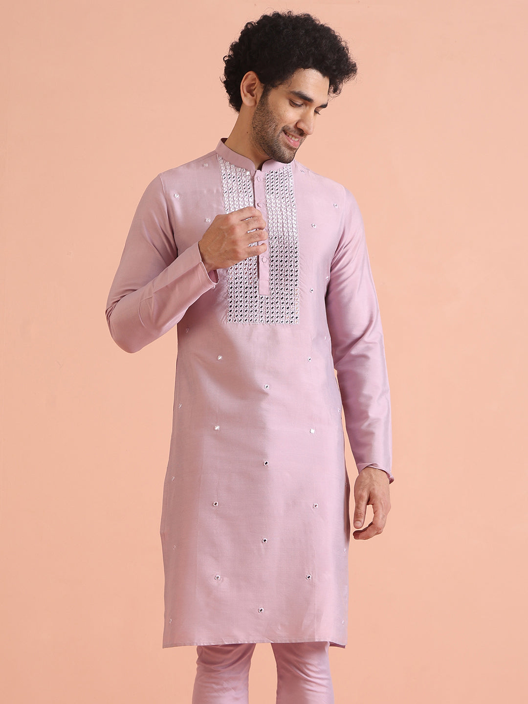 Pink Silk Blend Embroidered Long Kurta | SHOBITAM