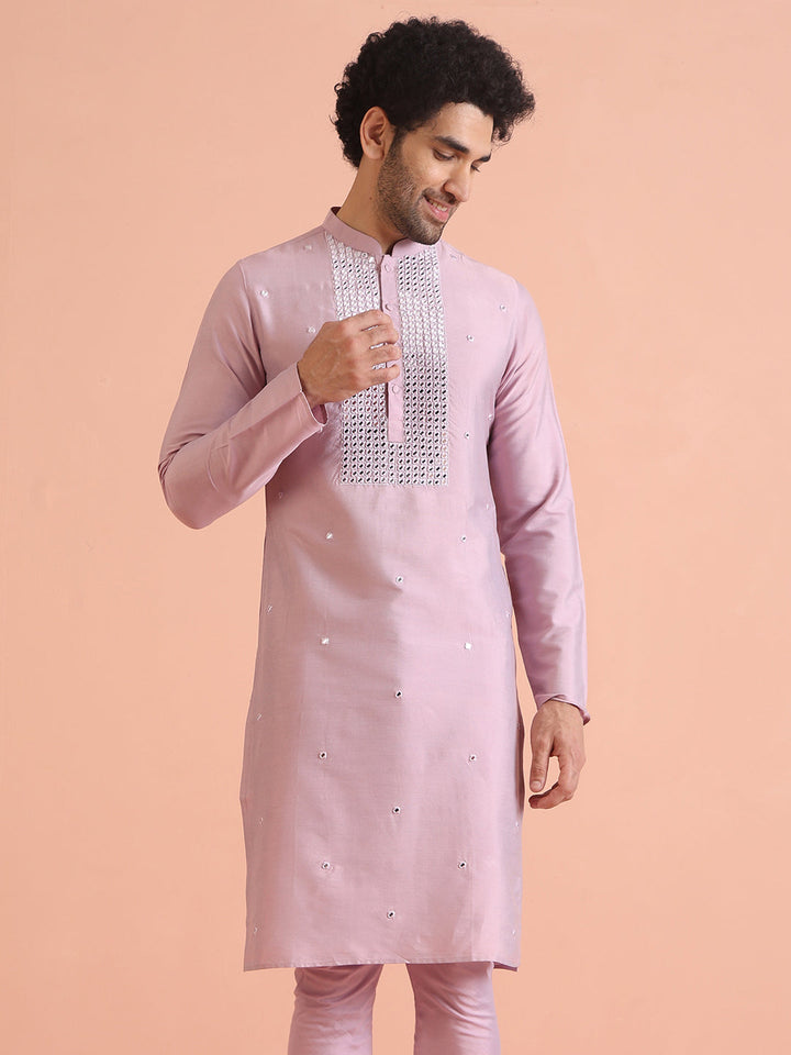 Pink Silk Blend Embroidered Long Kurta | SHOBITAM