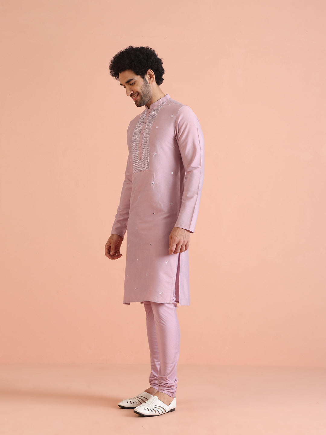 Pink Silk Blend Embroidered Long Kurta | SHOBITAM
