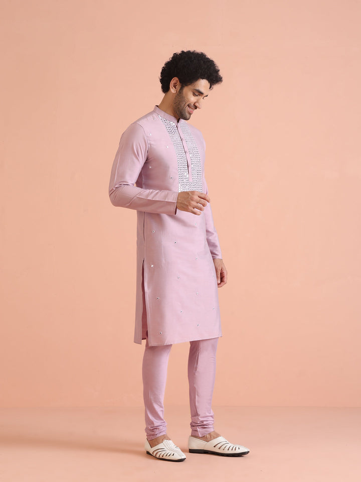 Pink Silk Blend Embroidered Long Kurta | SHOBITAM