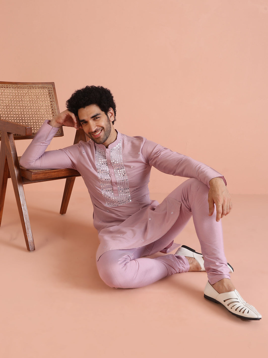 Pink Silk Blend Embroidered Long Kurta | SHOBITAM