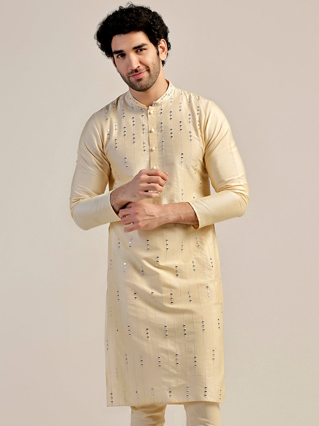 Cream Silk Blend Sequinned Kurta | SHOBITAM