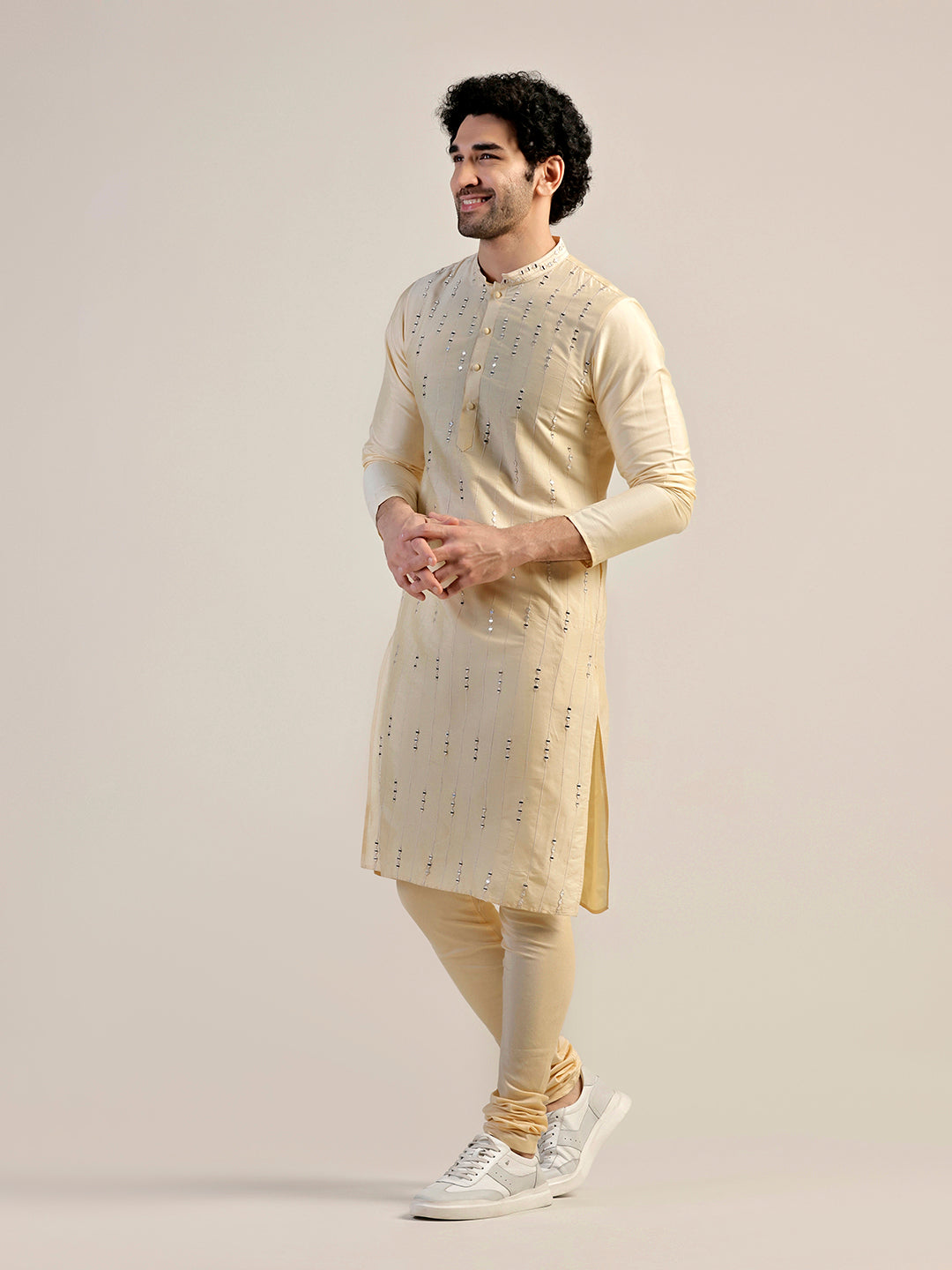 Cream Silk Blend Sequinned Kurta | SHOBITAM