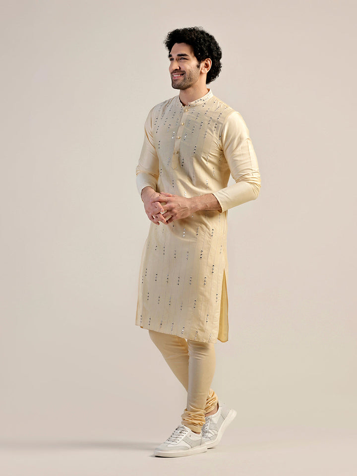 Cream Silk Blend Sequinned Kurta | SHOBITAM