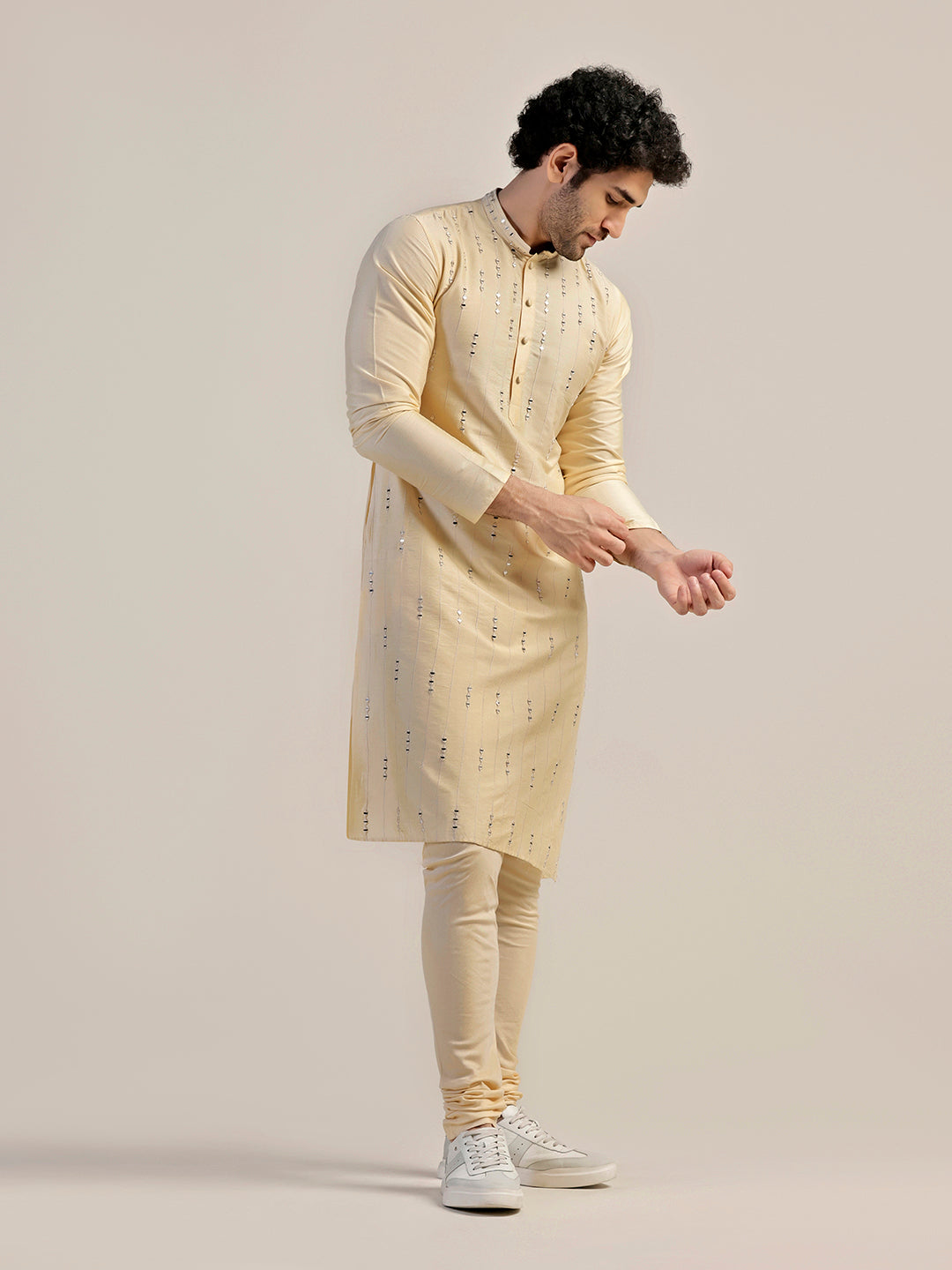 Cream Silk Blend Sequinned Kurta | SHOBITAM