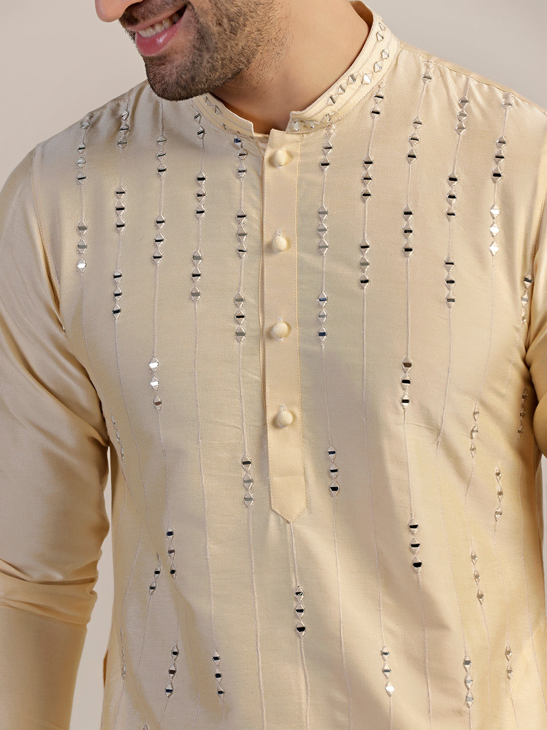 Cream Silk Blend Sequinned Kurta | SHOBITAM