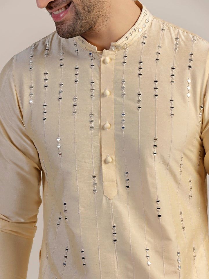 Cream Silk Blend Sequinned Kurta | SHOBITAM