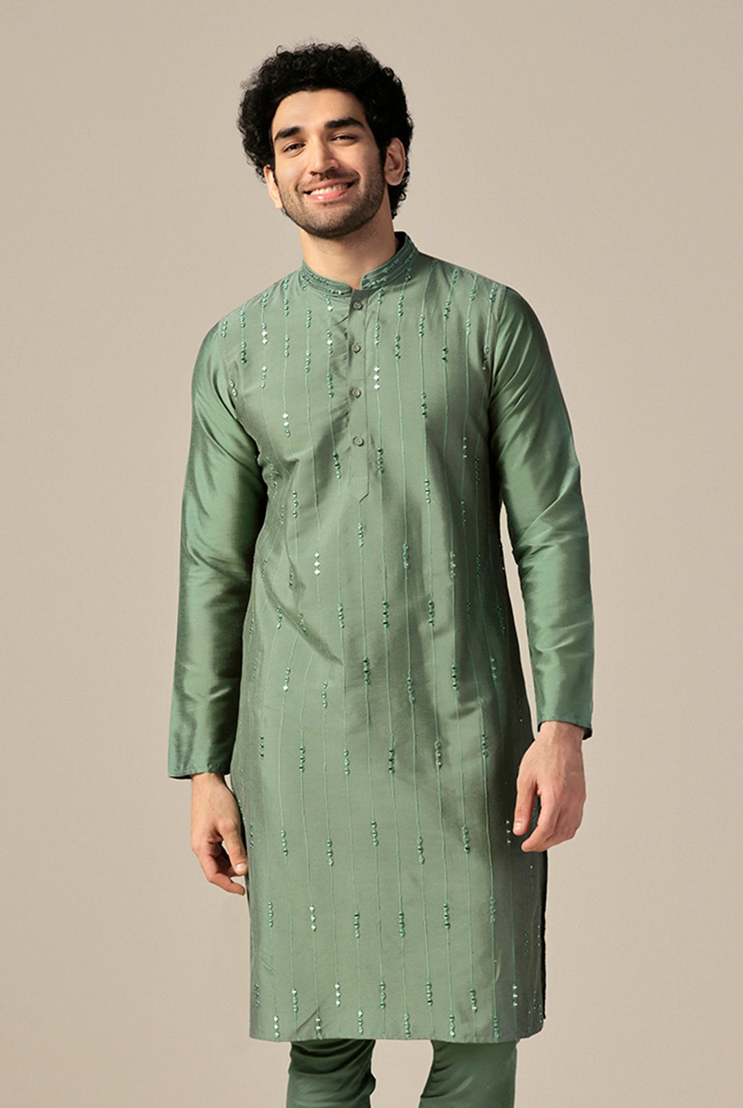 Green Silk Blend Mirror Work Long Kurta | SHOBITAM