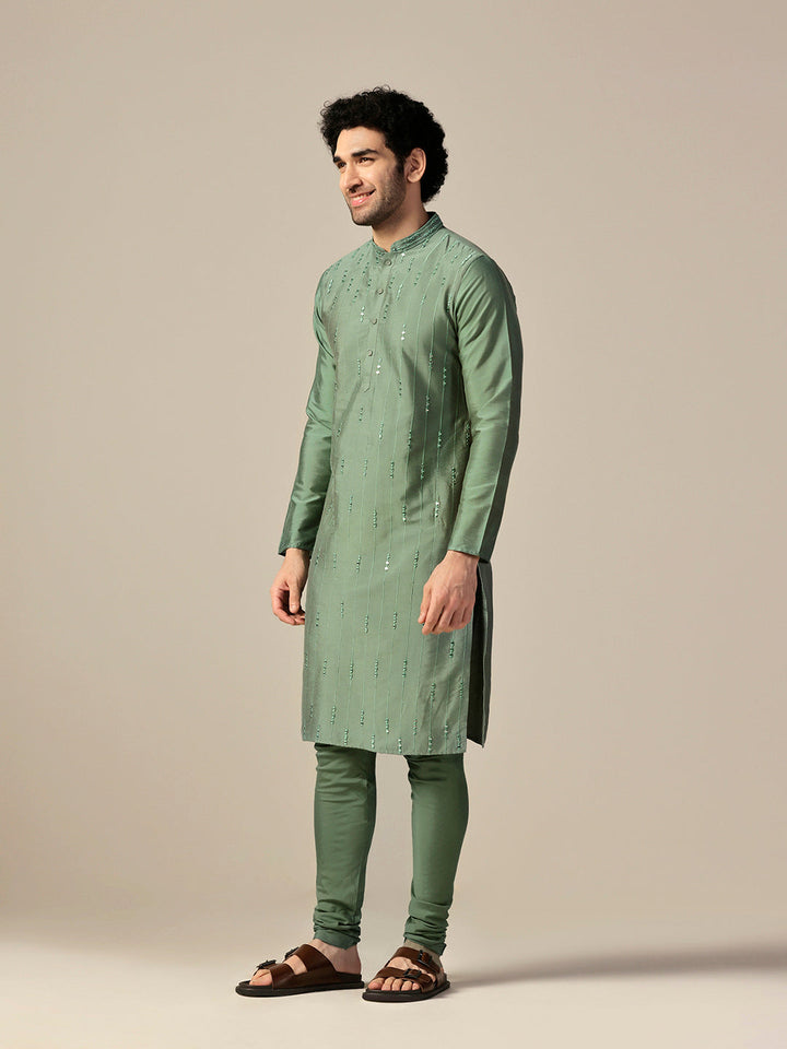 Green Silk Blend Mirror Work Long Kurta | SHOBITAM