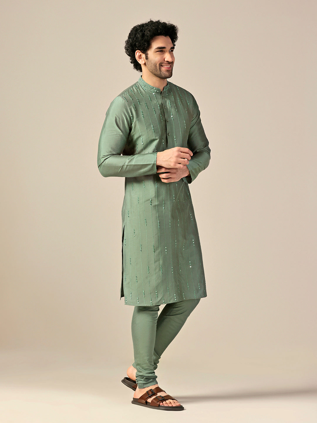 Green Silk Blend Mirror Work Long Kurta | SHOBITAM