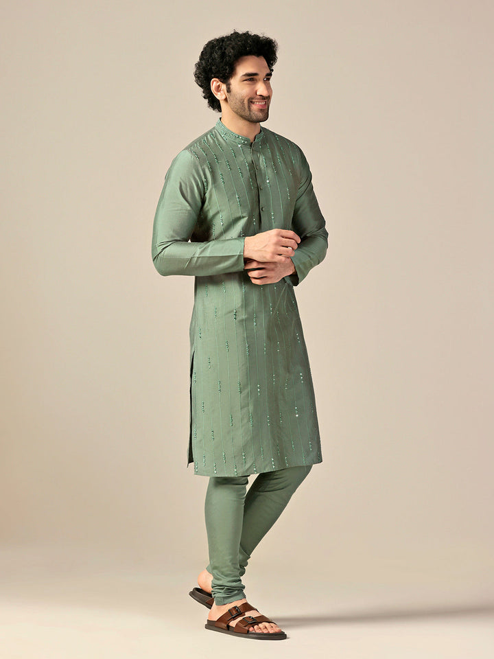 Green Silk Blend Mirror Work Long Kurta | SHOBITAM