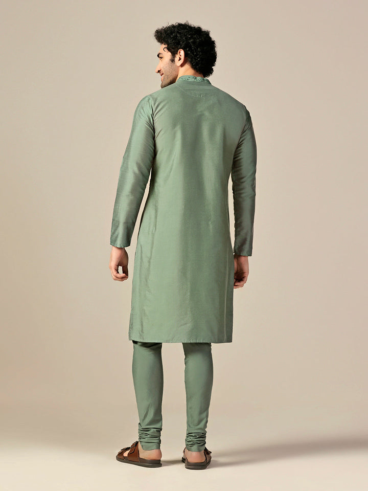 Green Silk Blend Mirror Work Long Kurta | SHOBITAM