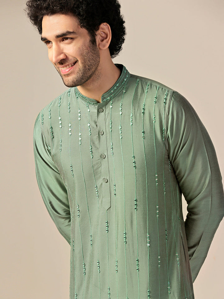 Green Silk Blend Mirror Work Long Kurta | SHOBITAM