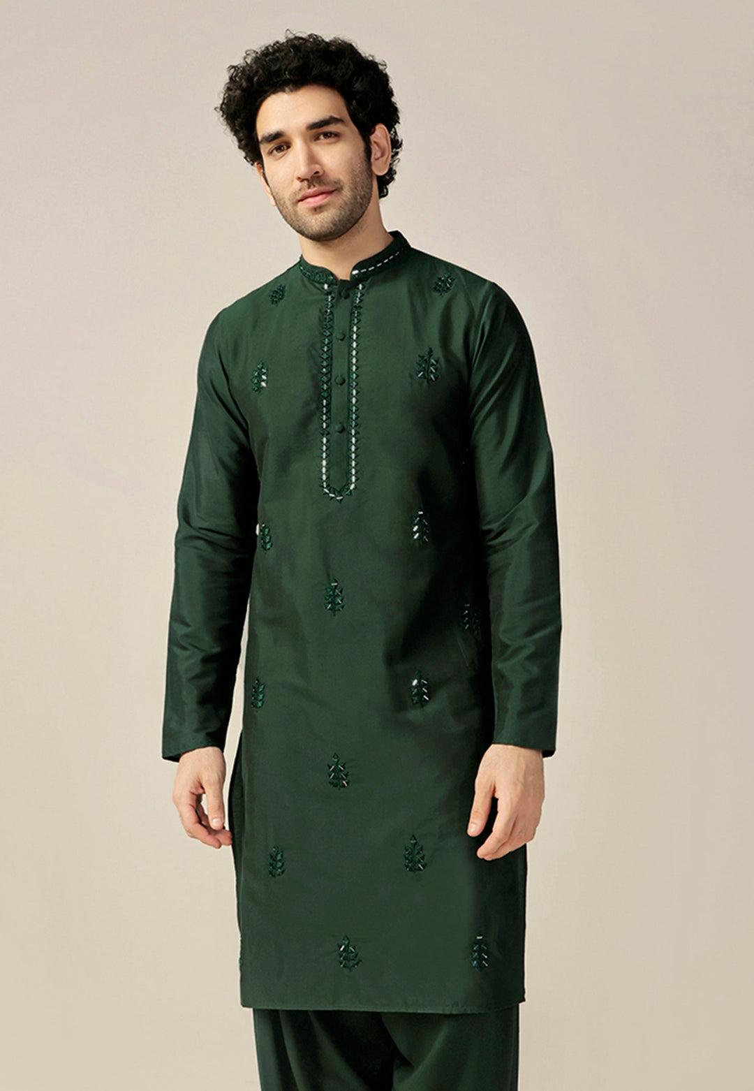 Dark Green Silk Blend Mirror Work Kurta | SHOBITAM
