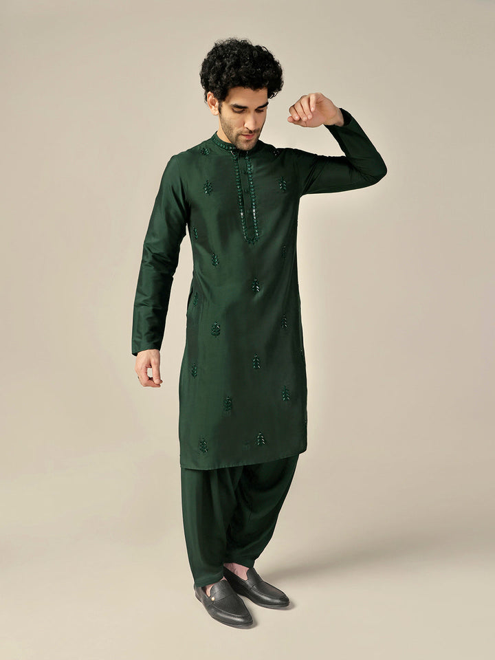 Dark Green Silk Blend Mirror Work Kurta | SHOBITAM
