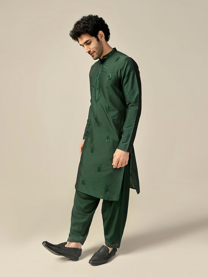 Dark Green Silk Blend Mirror Work Kurta | SHOBITAM