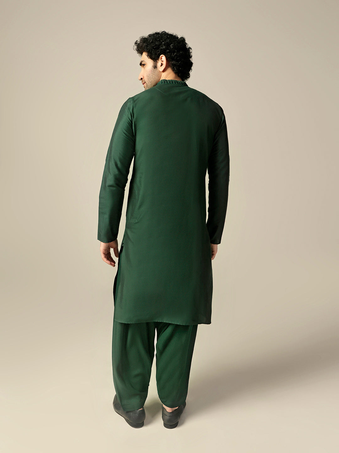 Dark Green Silk Blend Mirror Work Kurta | SHOBITAM