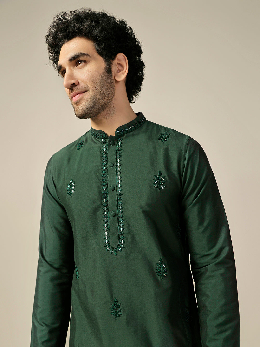 Dark Green Silk Blend Mirror Work Kurta | SHOBITAM