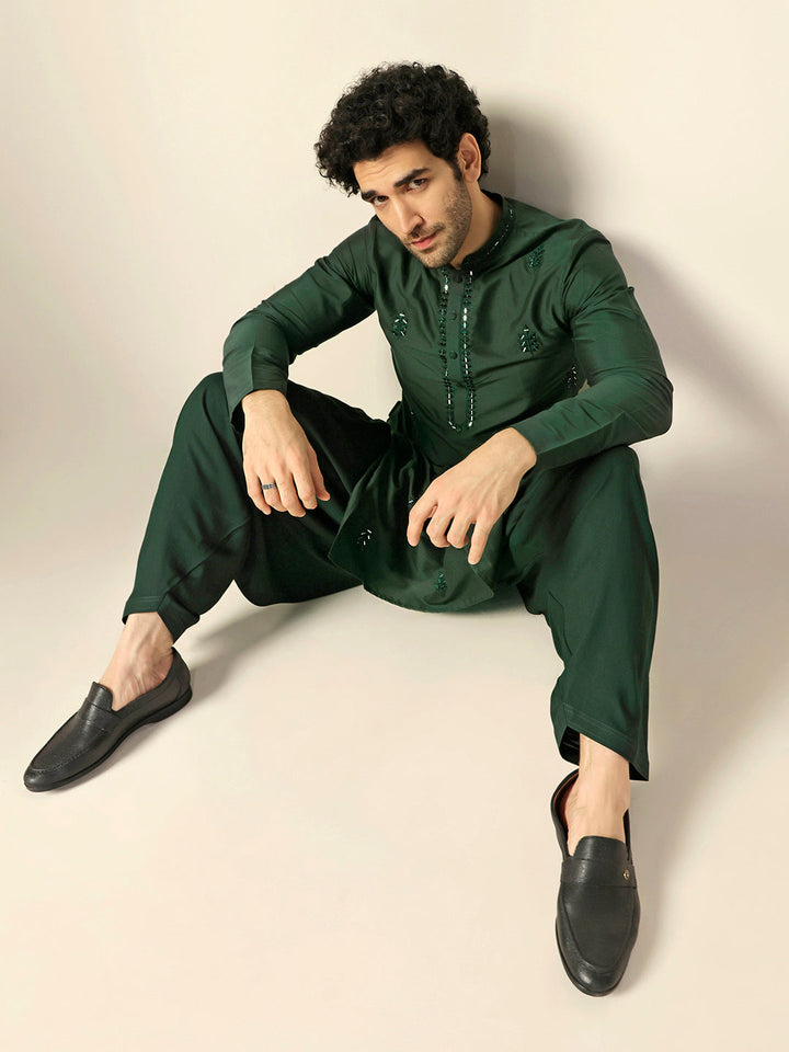 Dark Green Silk Blend Mirror Work Kurta | SHOBITAM