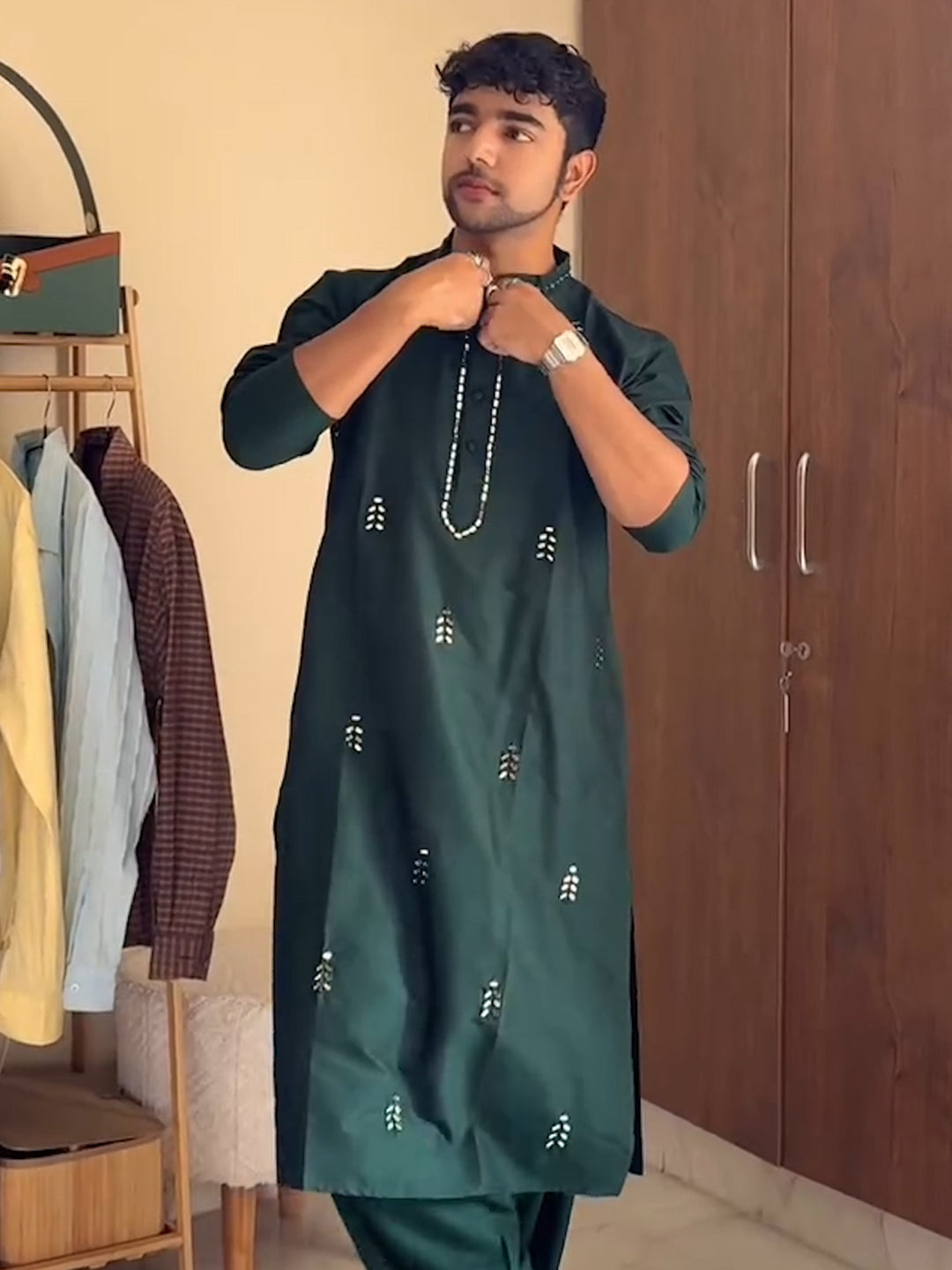 Dark Green Silk Blend Mirror Work Kurta | SHOBITAM