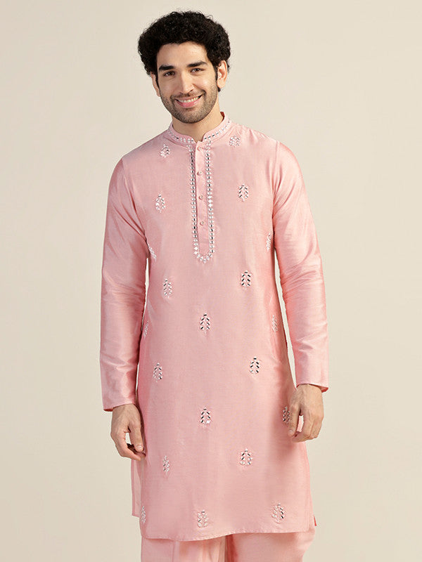 Baby Pink Silk Blend Mirror Work Kurta | SHOBITAM