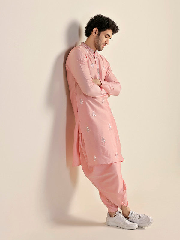 Baby Pink Silk Blend Mirror Work Kurta | SHOBITAM