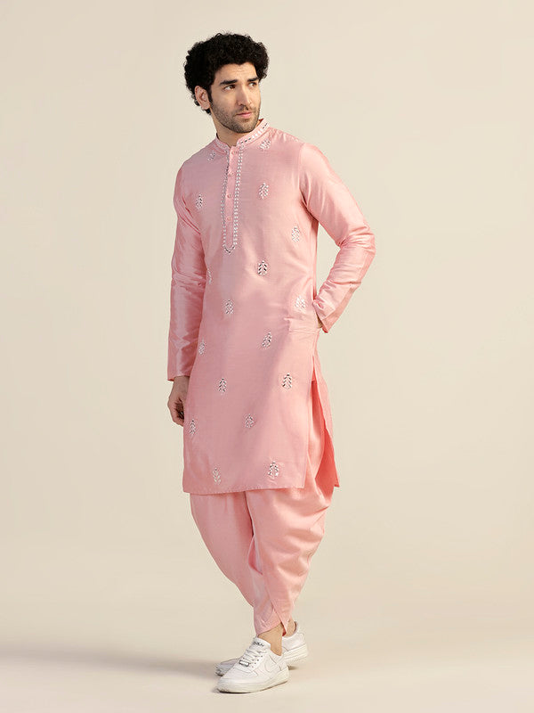 Baby Pink Silk Blend Mirror Work Kurta | SHOBITAM