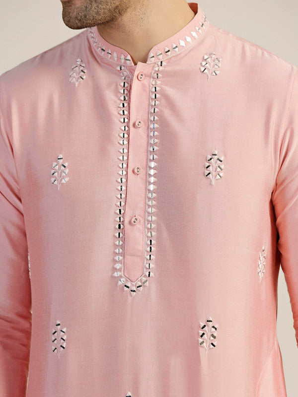 Baby Pink Silk Blend Mirror Work Kurta | SHOBITAM