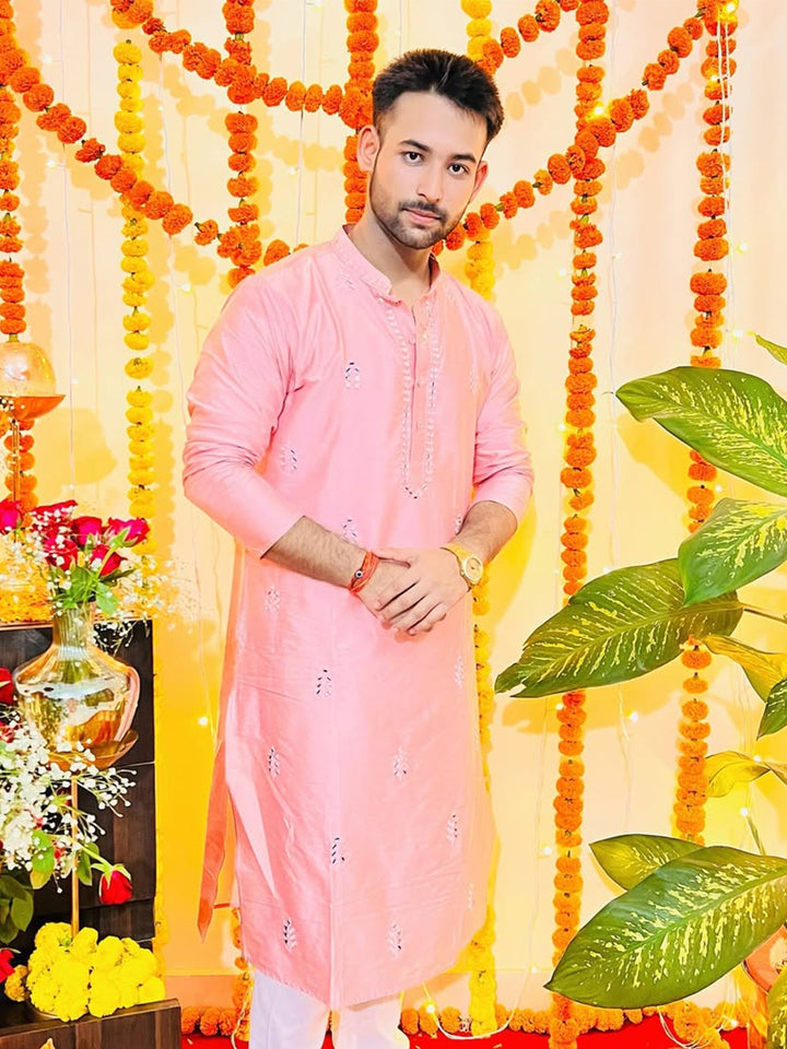 Baby Pink Silk Blend Mirror Work Kurta | SHOBITAM