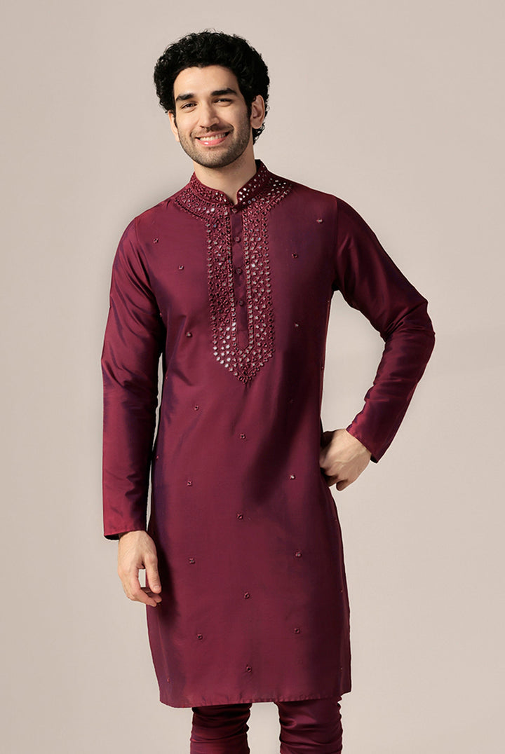 Maroon Silk Blend Embroidered Long Kurta | SHOBITAM
