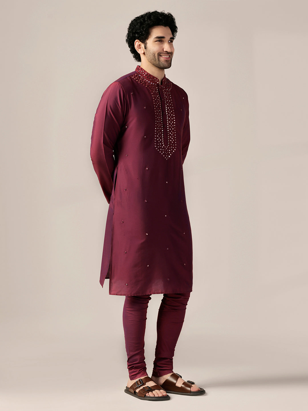 Maroon Silk Blend Embroidered Long Kurta | SHOBITAM