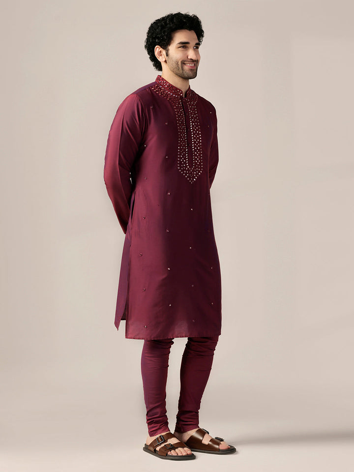 Maroon Silk Blend Embroidered Long Kurta | SHOBITAM