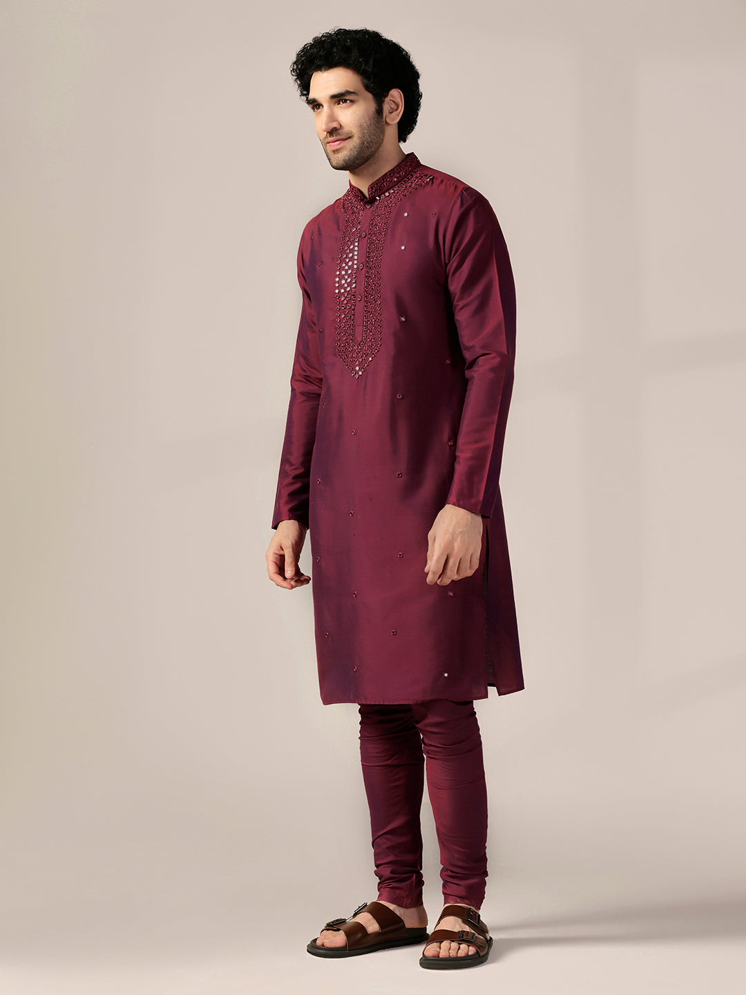 Maroon Silk Blend Embroidered Long Kurta | SHOBITAM