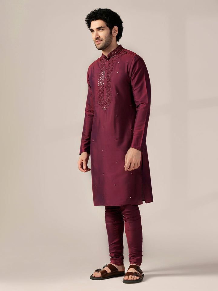 Maroon Silk Blend Embroidered Long Kurta | SHOBITAM