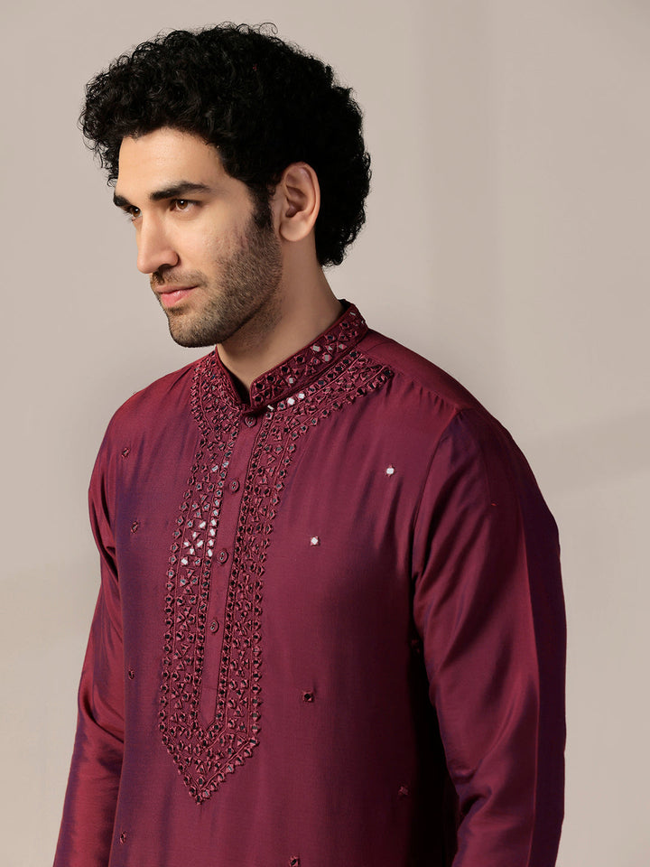 Maroon Silk Blend Embroidered Long Kurta | SHOBITAM