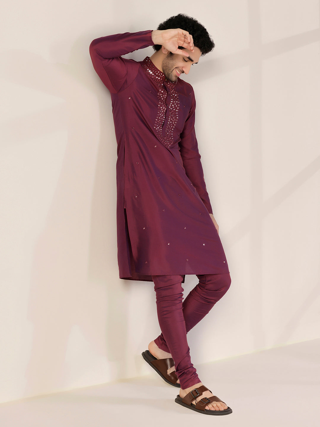 Maroon Silk Blend Embroidered Long Kurta | SHOBITAM
