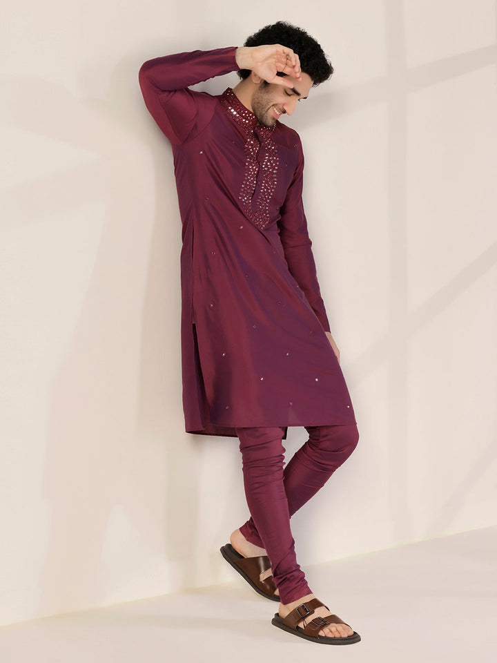 Maroon Silk Blend Embroidered Long Kurta | SHOBITAM