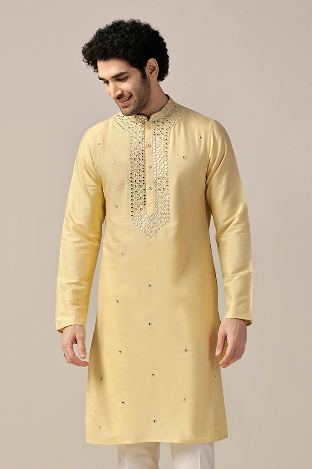 Yellow Silk Blend Heavy Mirror Work Kurta  | SHOBITAM