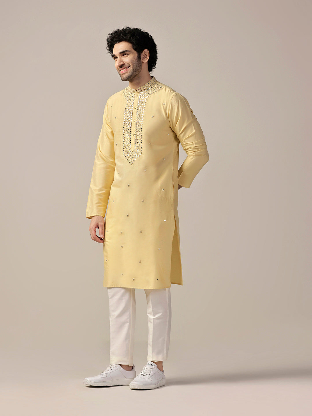 Yellow Silk Blend Heavy Mirror Work Kurta  | SHOBITAM