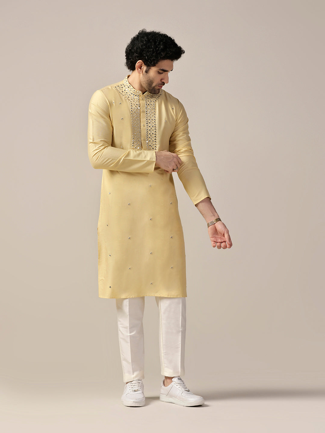 Yellow Silk Blend Heavy Mirror Work Kurta  | SHOBITAM